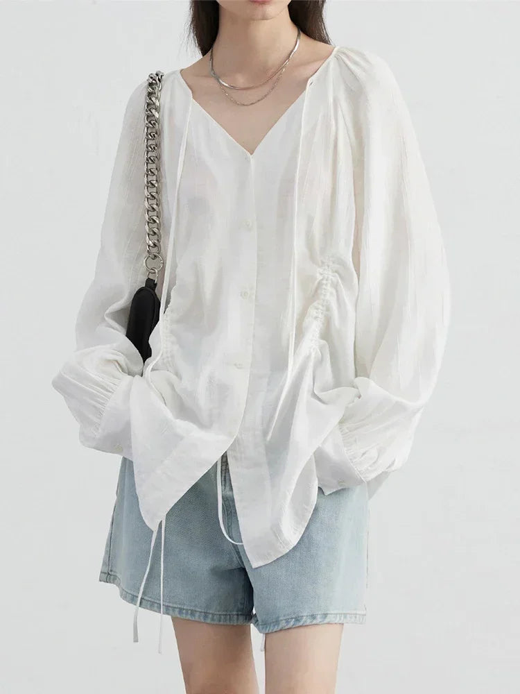 Korean V-Neck Lace-Up Blouse – Spring/Summer 2025 Collection