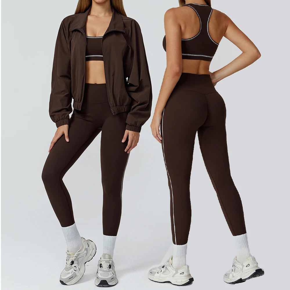 Women’s Seamless Yoga Set – 2/3PCS Fitness Tracksuit with Long Sleeve Jacket and High Waist Leggings