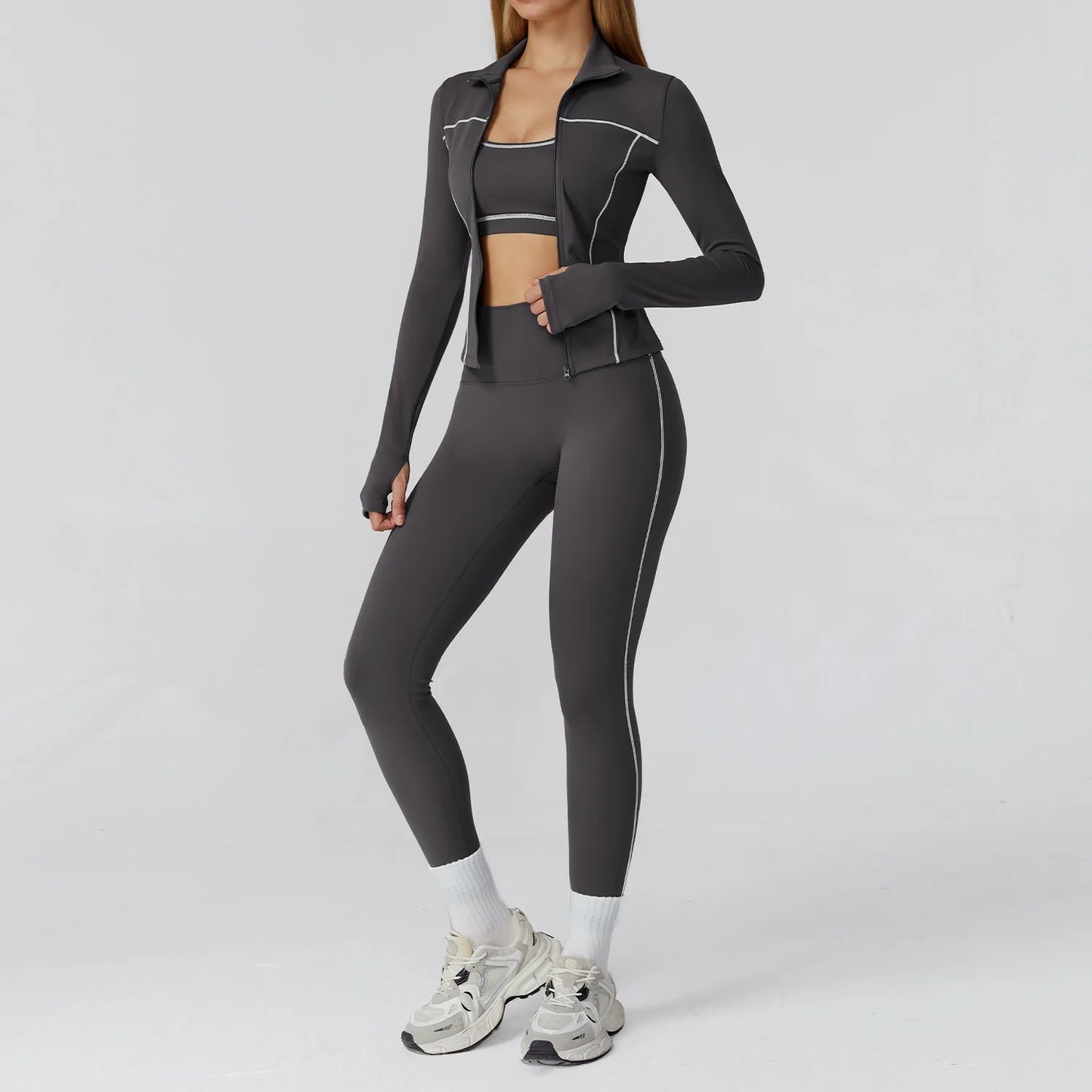 Women’s Seamless Yoga Set – 2/3PCS Fitness Tracksuit with Long Sleeve Jacket and High Waist Leggings