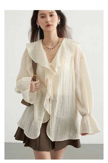 Ruffled V-Neck Lace Up Blouse – Spring/Summer 2025