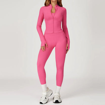 Women’s 2PCS Seamless Yoga Set – Zipper Long Sleeve Crop Top and High Waist Leggings