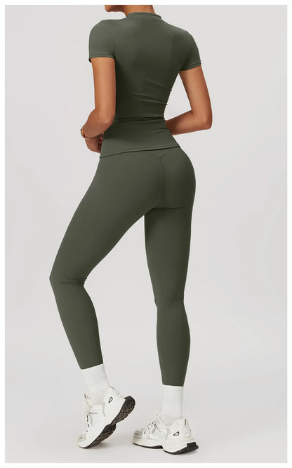 Women’s 2PCS Yoga Skirt Set – Short Sleeve Crop Top and High Waist Leggings