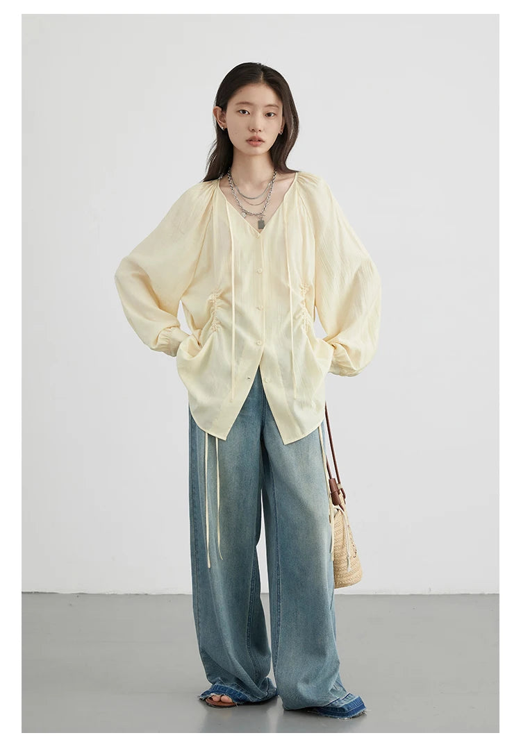 Korean V-Neck Lace-Up Blouse – Spring/Summer 2025 Collection