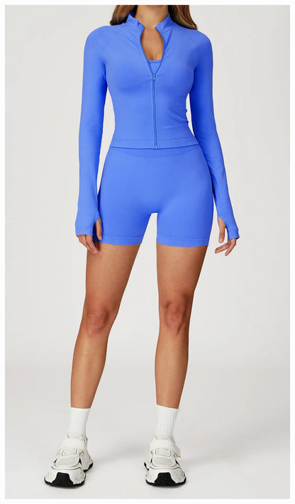 Women’s 2PCS Seamless Yoga Set – Zipper Long Sleeve Crop Top and High Waist Leggings