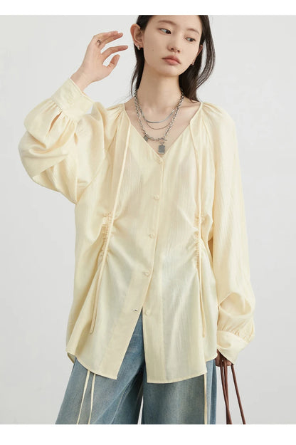 Korean V-Neck Lace-Up Blouse – Spring/Summer 2025 Collection
