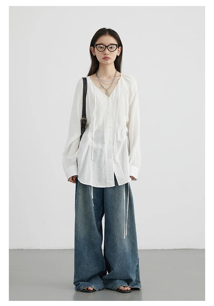 Korean V-Neck Lace-Up Blouse – Spring/Summer 2025 Collection