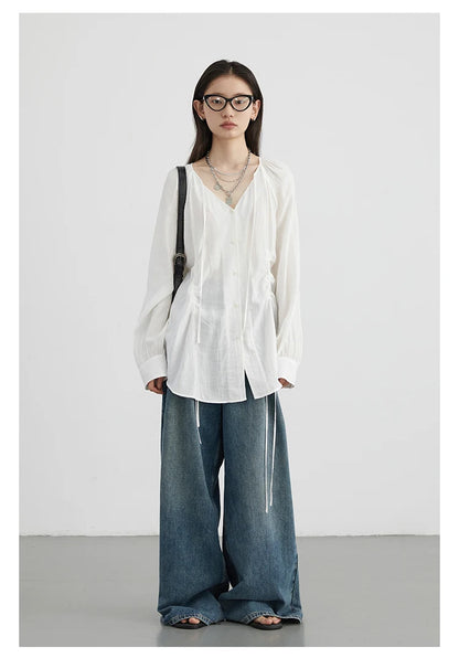 Korean V-Neck Lace-Up Blouse – Spring/Summer 2025 Collection