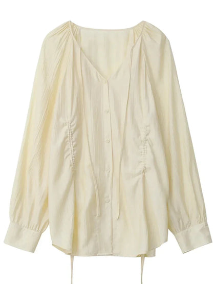 Korean V-Neck Lace-Up Blouse – Spring/Summer 2025 Collection