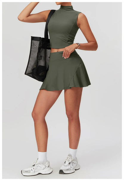 Women’s 2PCS Yoga Skirt Set – Short Sleeve Crop Top and High Waist Leggings