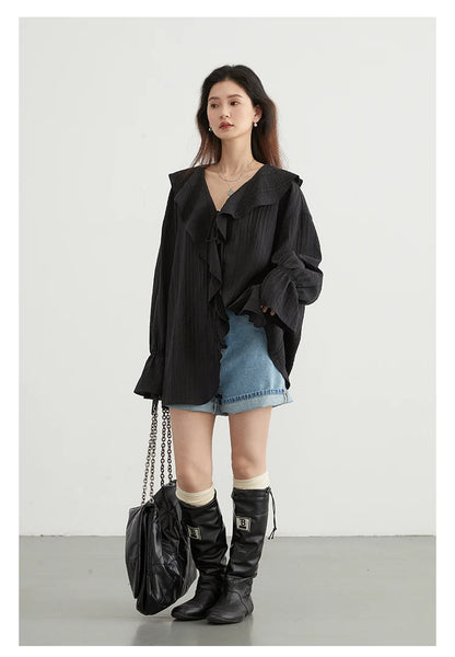 Ruffled V-Neck Lace Up Blouse – Spring/Summer 2025