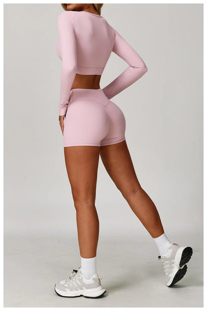 Women’s 3PCS Yoga Set – Long Sleeve Crop Top