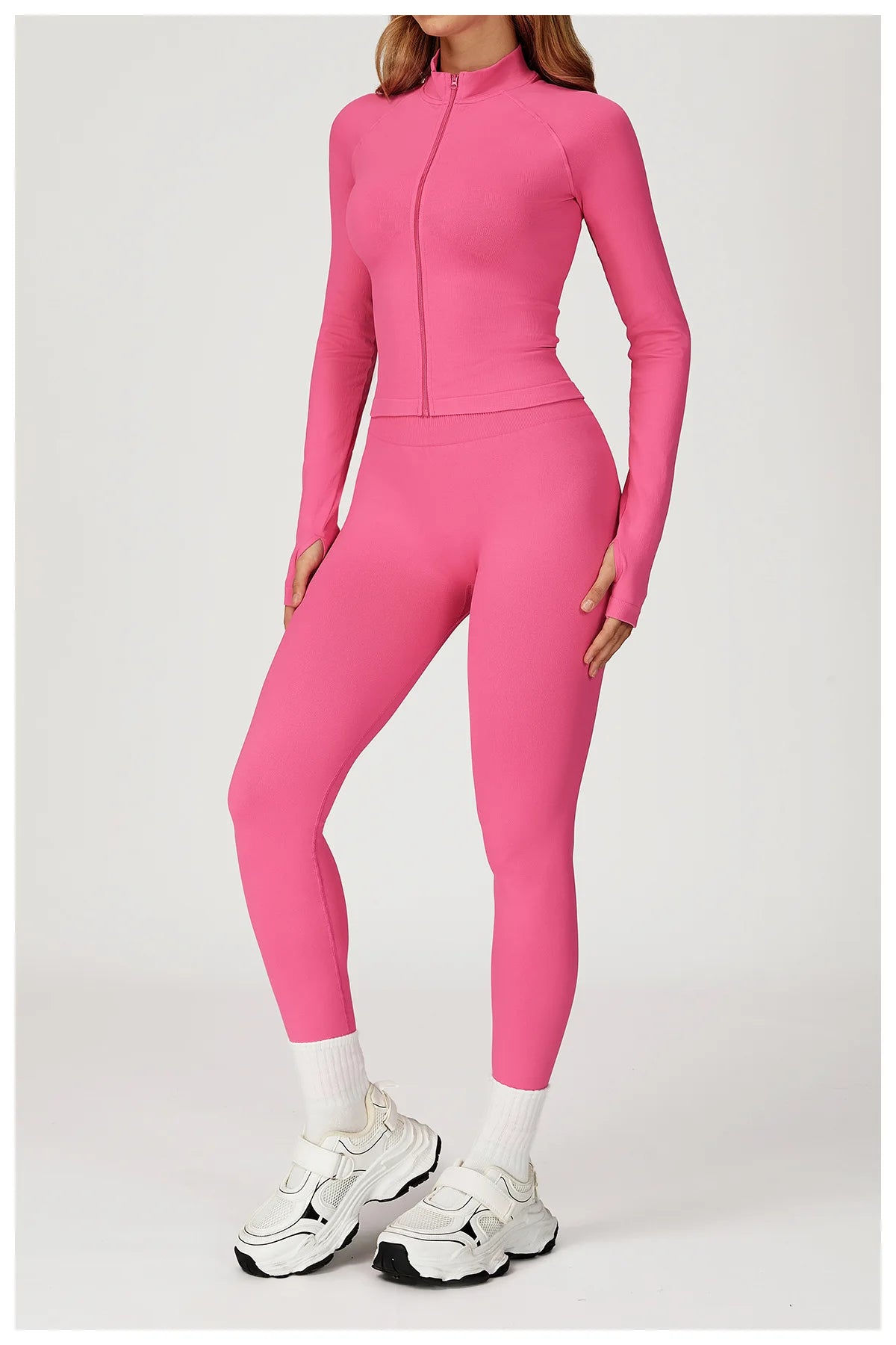 Women’s 2PCS Seamless Yoga Set – Zipper Long Sleeve Crop Top and High Waist Leggings