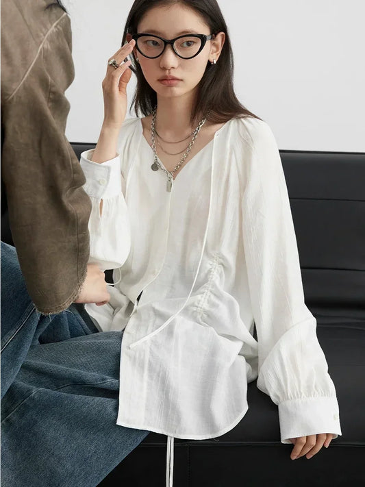 Korean V-Neck Lace-Up Blouse – Spring/Summer 2025 Collection
