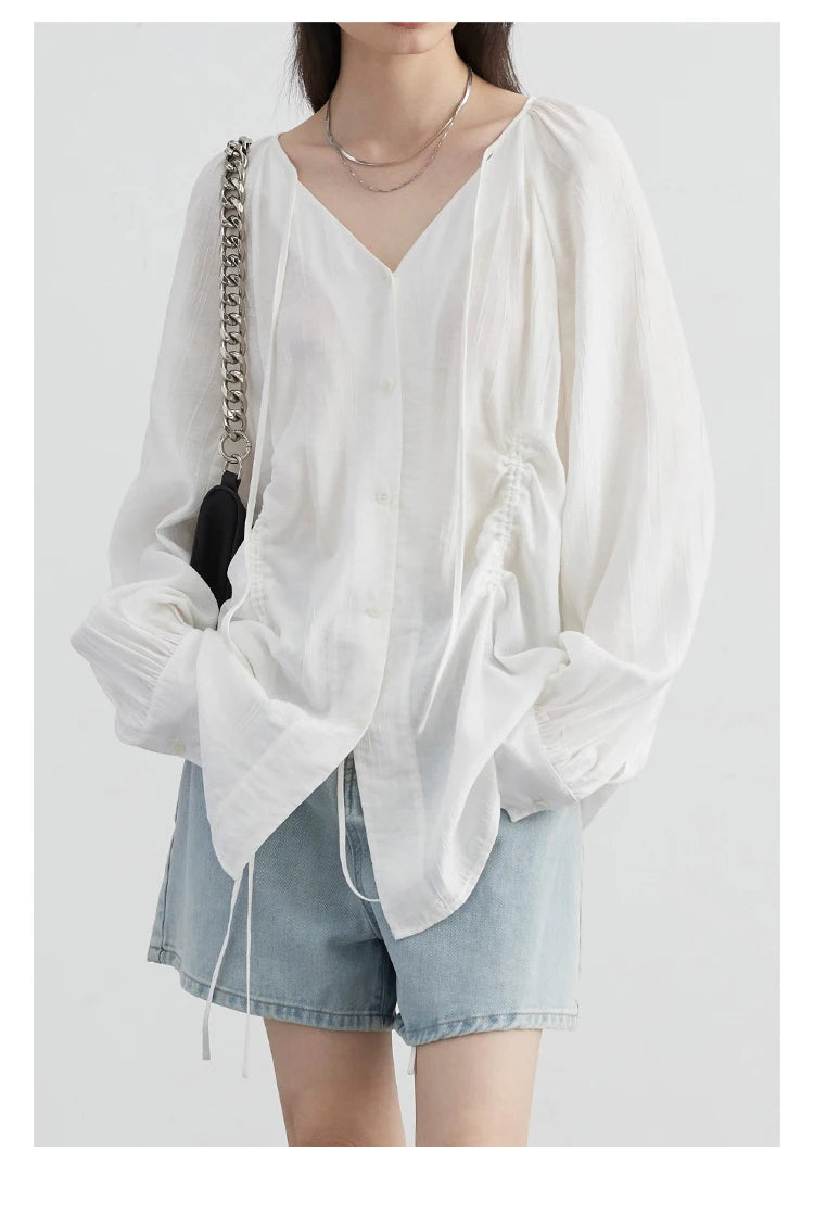 Korean V-Neck Lace-Up Blouse – Spring/Summer 2025 Collection
