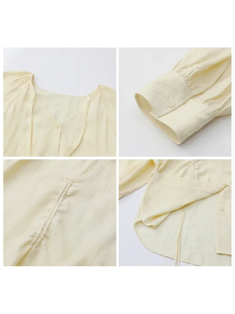 Korean V-Neck Lace-Up Blouse – Spring/Summer 2025 Collection