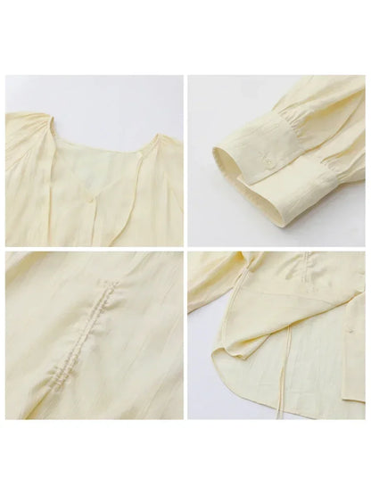 Korean V-Neck Lace-Up Blouse – Spring/Summer 2025 Collection