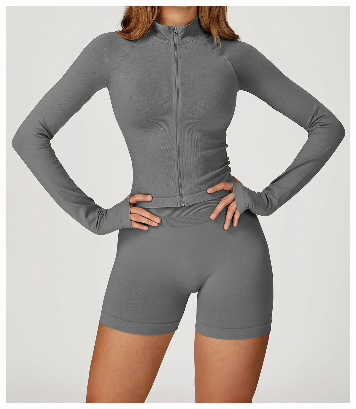 Women’s 2PCS Seamless Yoga Set – Zipper Long Sleeve Crop Top and High Waist Leggings