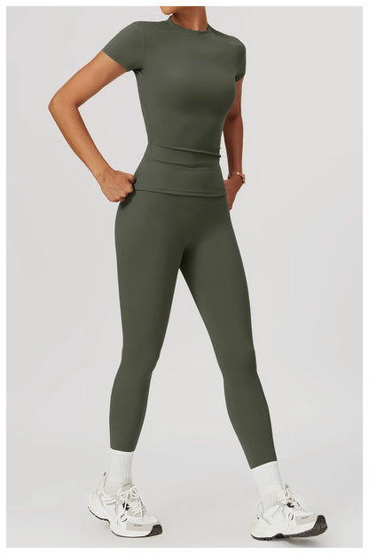 Women’s 2PCS Yoga Skirt Set – Short Sleeve Crop Top and High Waist Leggings