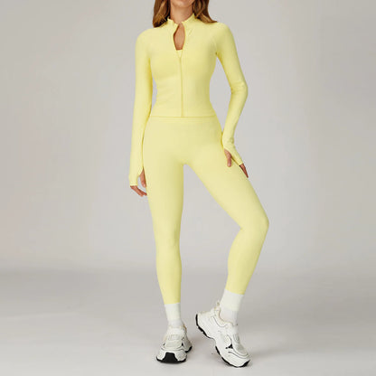 Women’s 2PCS Seamless Yoga Set – Zipper Long Sleeve Crop Top and High Waist Leggings