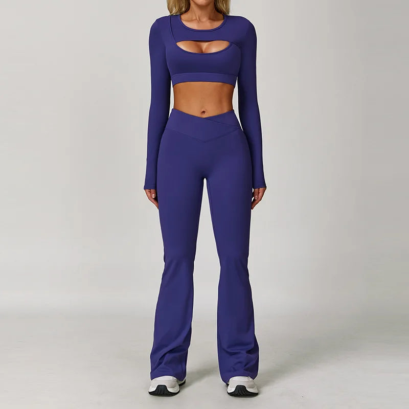 Women’s 3PCS Yoga Set – Long Sleeve Crop Top