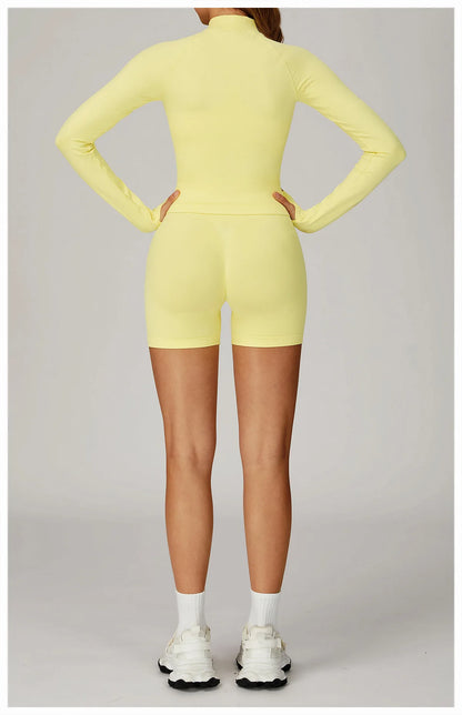 Women’s 2PCS Seamless Yoga Set – Zipper Long Sleeve Crop Top and High Waist Leggings