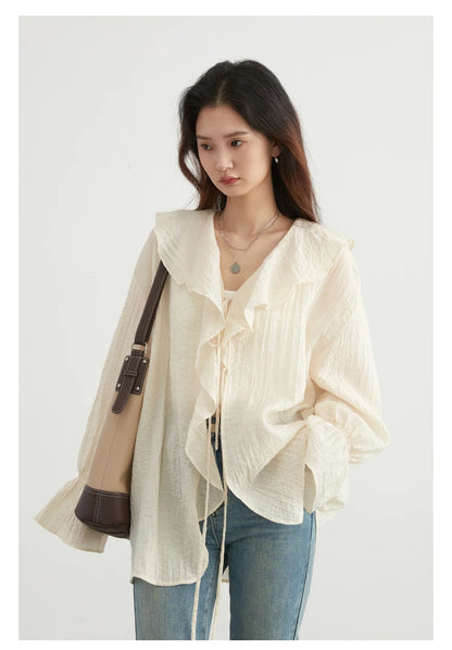 Ruffled V-Neck Lace Up Blouse – Spring/Summer 2025