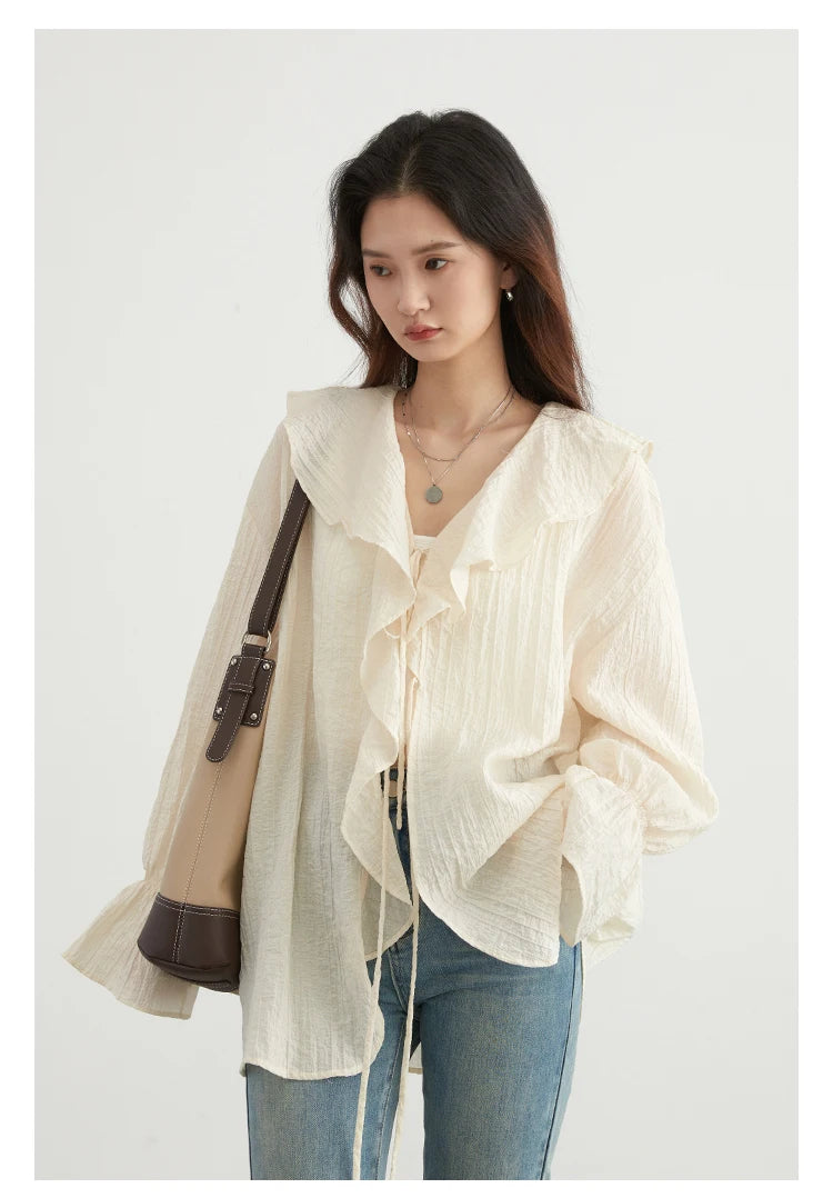 Ruffled V-Neck Lace-Up Blouse – Spring 2025 Collection
