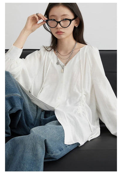 Korean V-Neck Lace-Up Blouse – Spring/Summer 2025 Collection