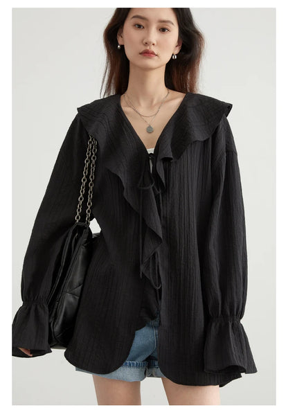 Ruffled V-Neck Lace-Up Blouse – Spring 2025 Collection
