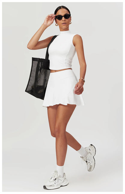 Women’s 2PCS Yoga Skirt Set – Short Sleeve Crop Top and High Waist Leggings