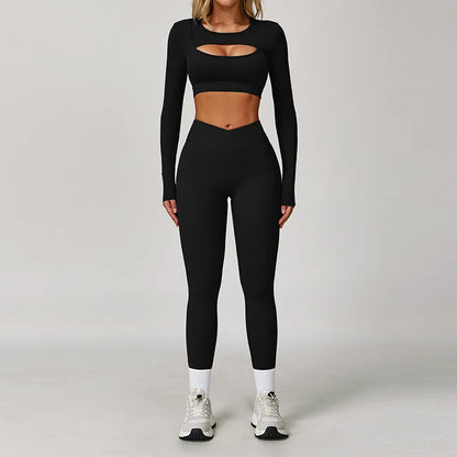 Women’s 3PCS Yoga Set – Long Sleeve Crop Top