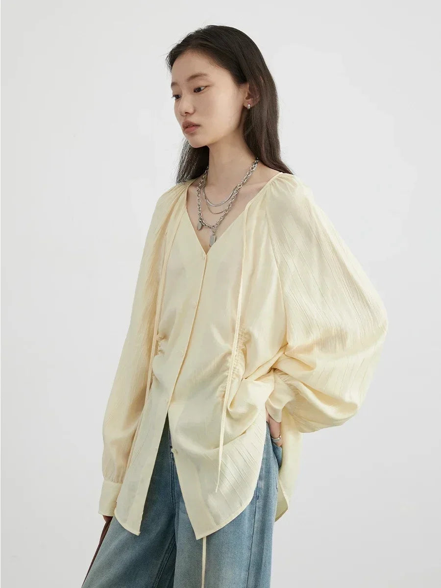 Korean V-Neck Lace-Up Blouse – Spring/Summer 2025 Collection