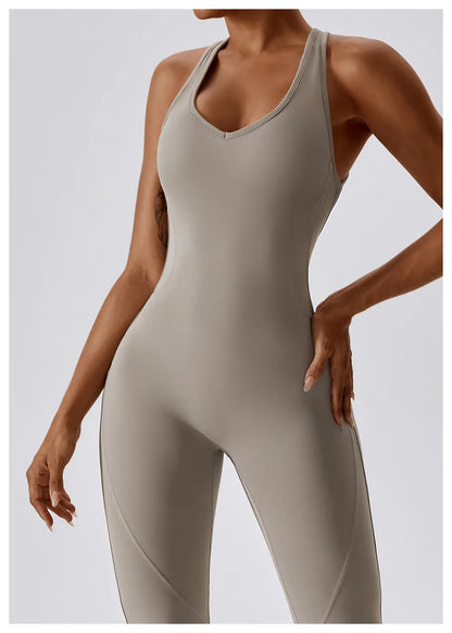 Women’s Solid One-Piece Yoga Jumpsuit – Seamless Fitness Bodysuit
