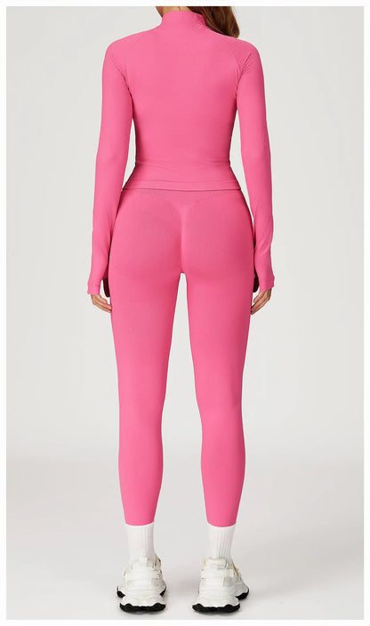 Women’s 2PCS Seamless Yoga Set – Zipper Long Sleeve Crop Top and High Waist Leggings