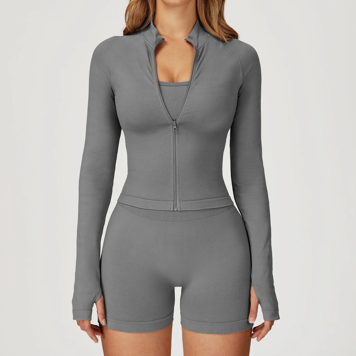 Women’s 2PCS Seamless Yoga Set – Zipper Long Sleeve Crop Top and High Waist Leggings