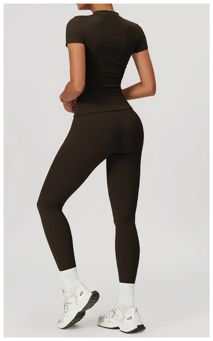 Women’s 2PCS Yoga Skirt Set – Short Sleeve Crop Top and High Waist Leggings