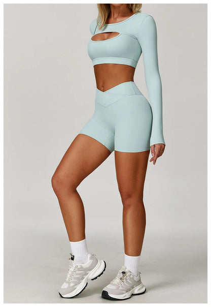 Women’s 3PCS Yoga Set – Long Sleeve Crop Top