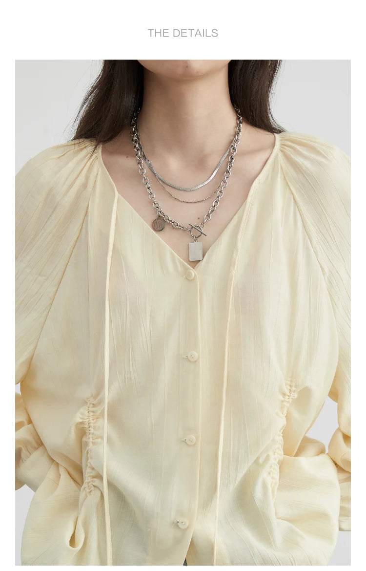 Korean V-Neck Lace-Up Blouse – Spring/Summer 2025 Collection