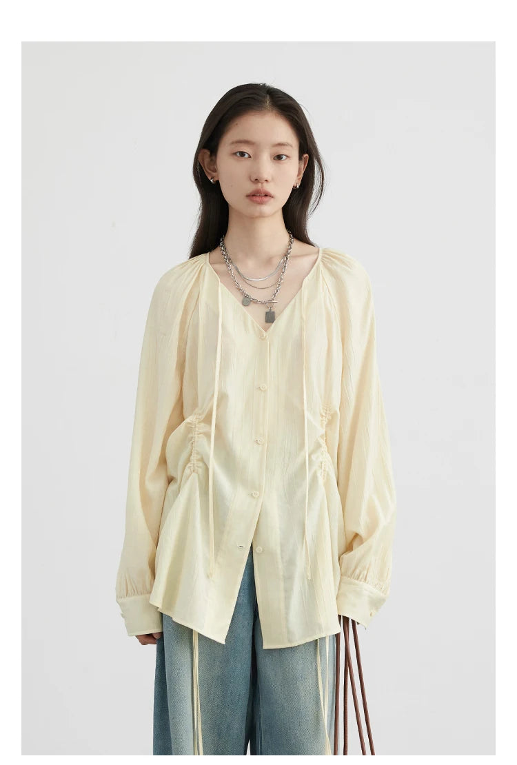 Korean V-Neck Lace-Up Blouse – Spring/Summer 2025 Collection