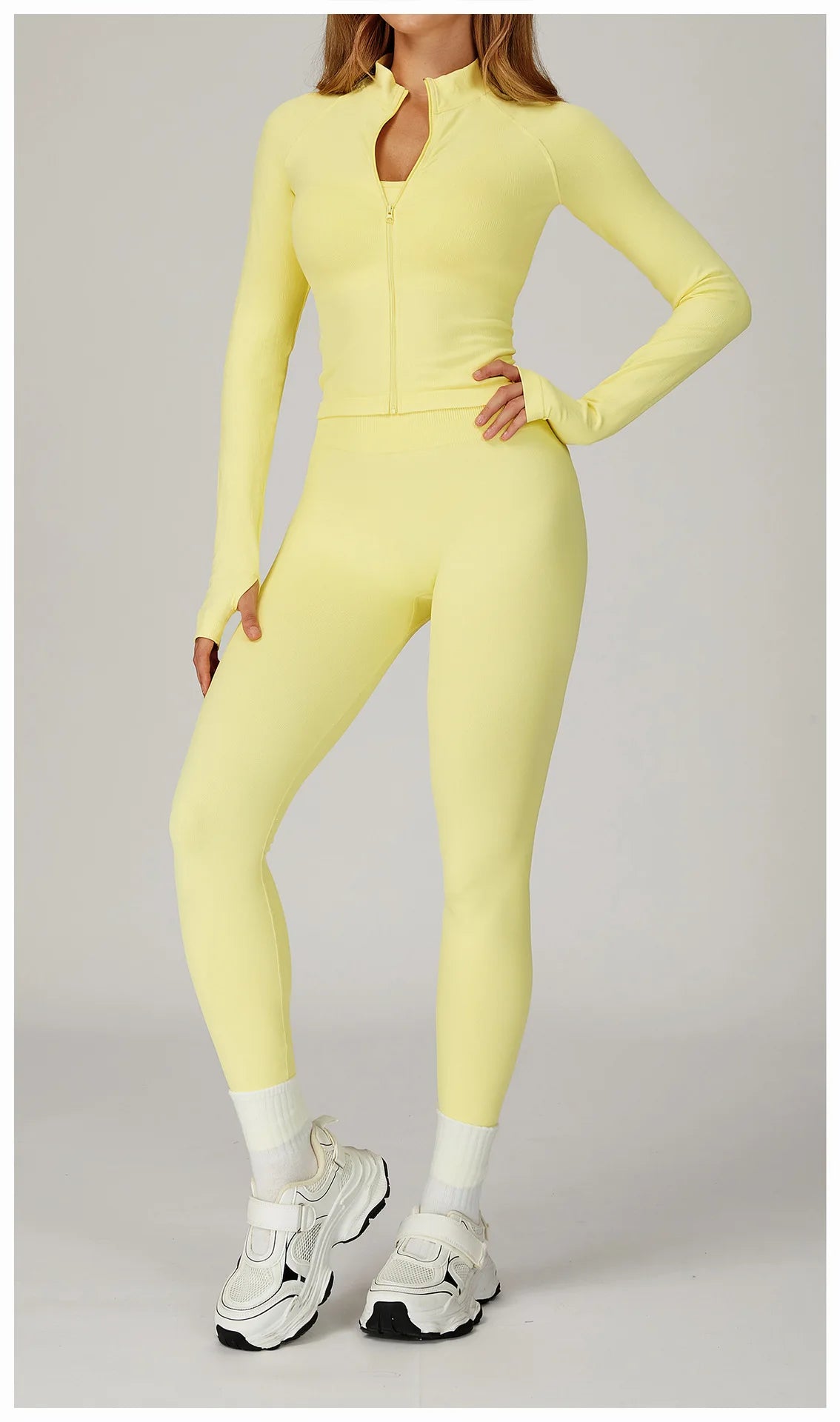 Women’s 2PCS Seamless Yoga Set – Zipper Long Sleeve Crop Top and High Waist Leggings