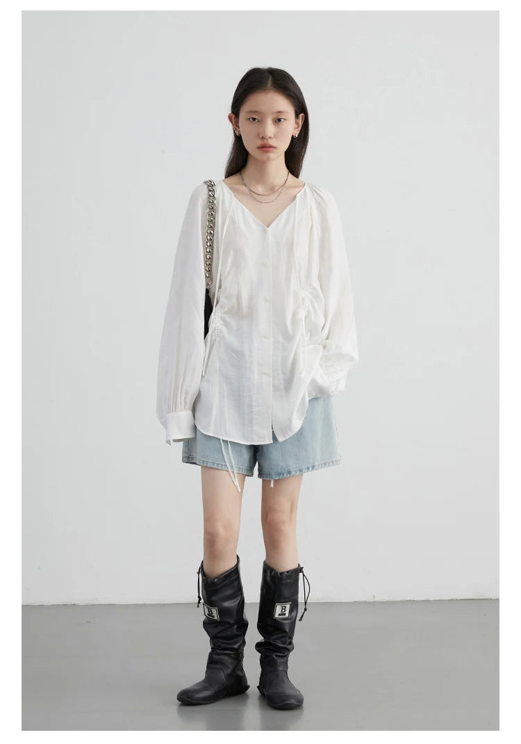 Korean V-Neck Lace-Up Blouse – Spring/Summer 2025 Collection