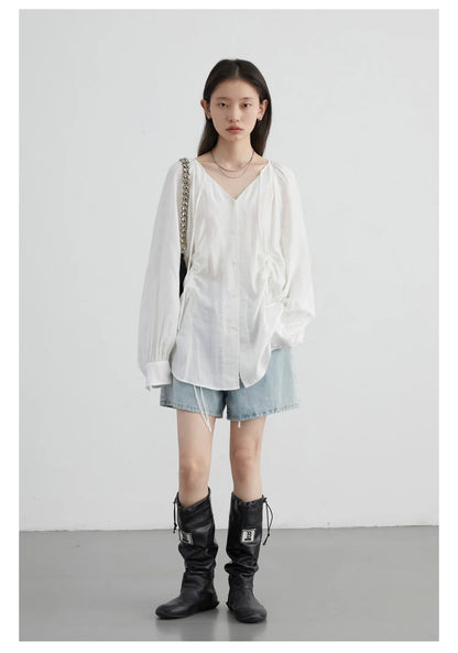 Korean V-Neck Lace-Up Blouse – Spring/Summer 2025 Collection