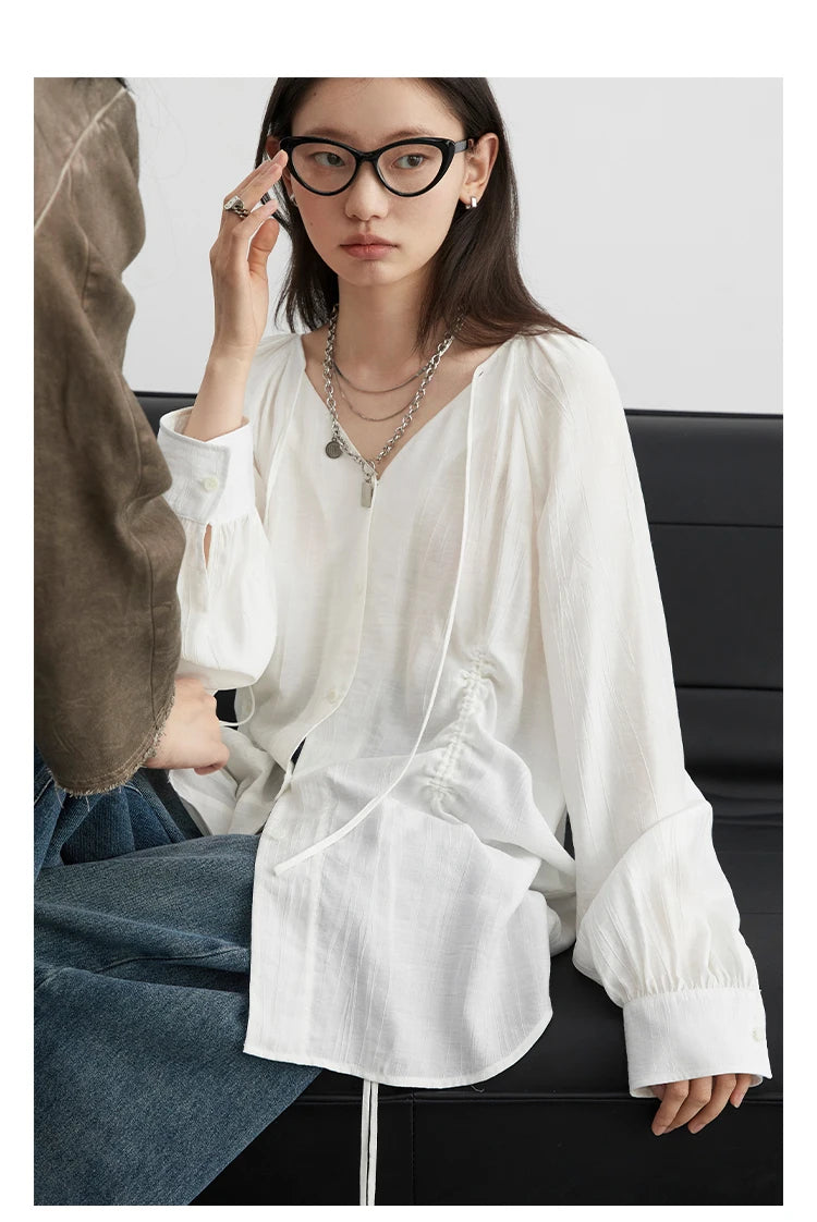 Korean V-Neck Lace-Up Blouse – Spring/Summer 2025 Collection