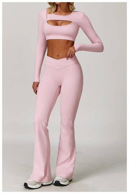 Women’s 3PCS Yoga Set – Long Sleeve Crop Top