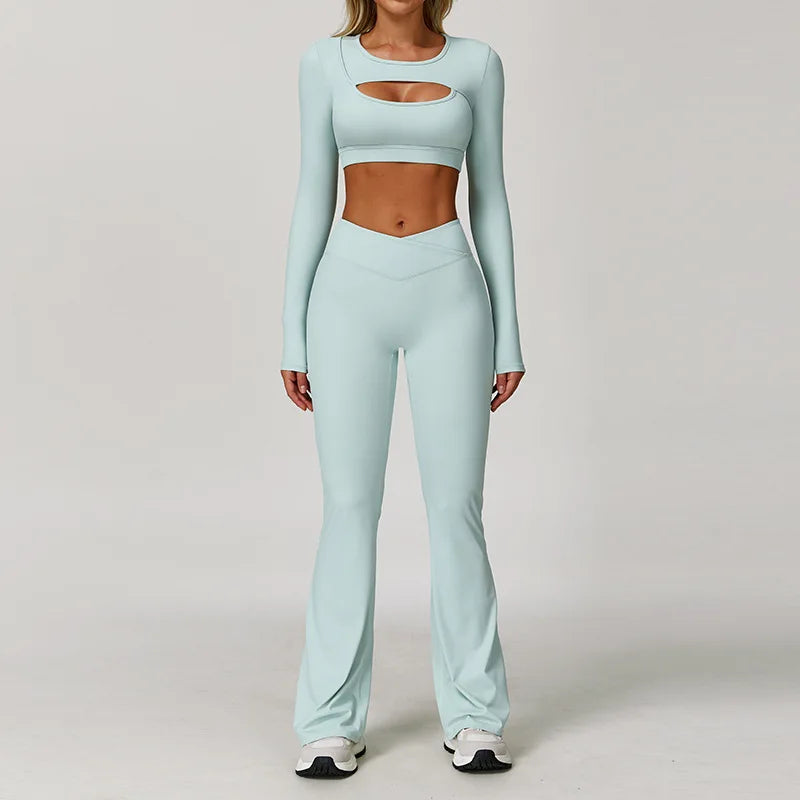 Women’s 3PCS Yoga Set – Long Sleeve Crop Top