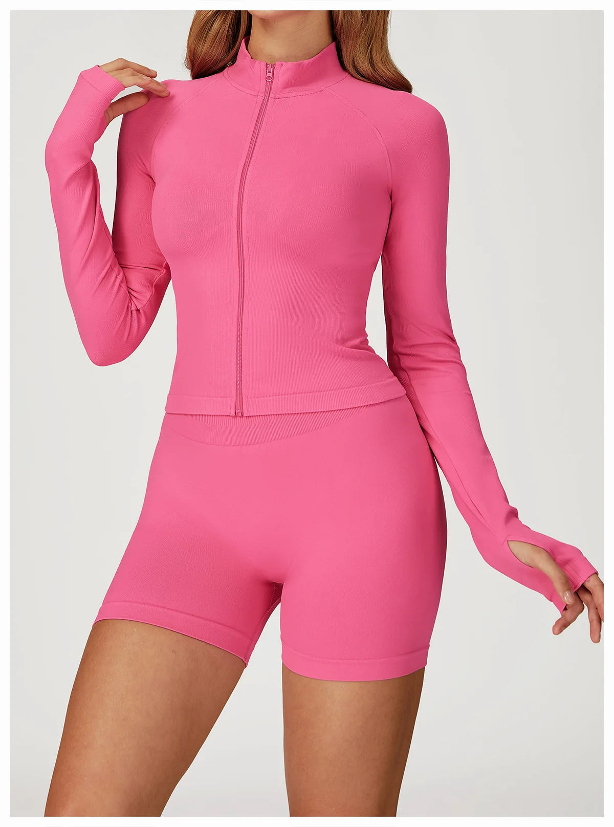 Women’s 2PCS Seamless Yoga Set – Zipper Long Sleeve Crop Top and High Waist Leggings