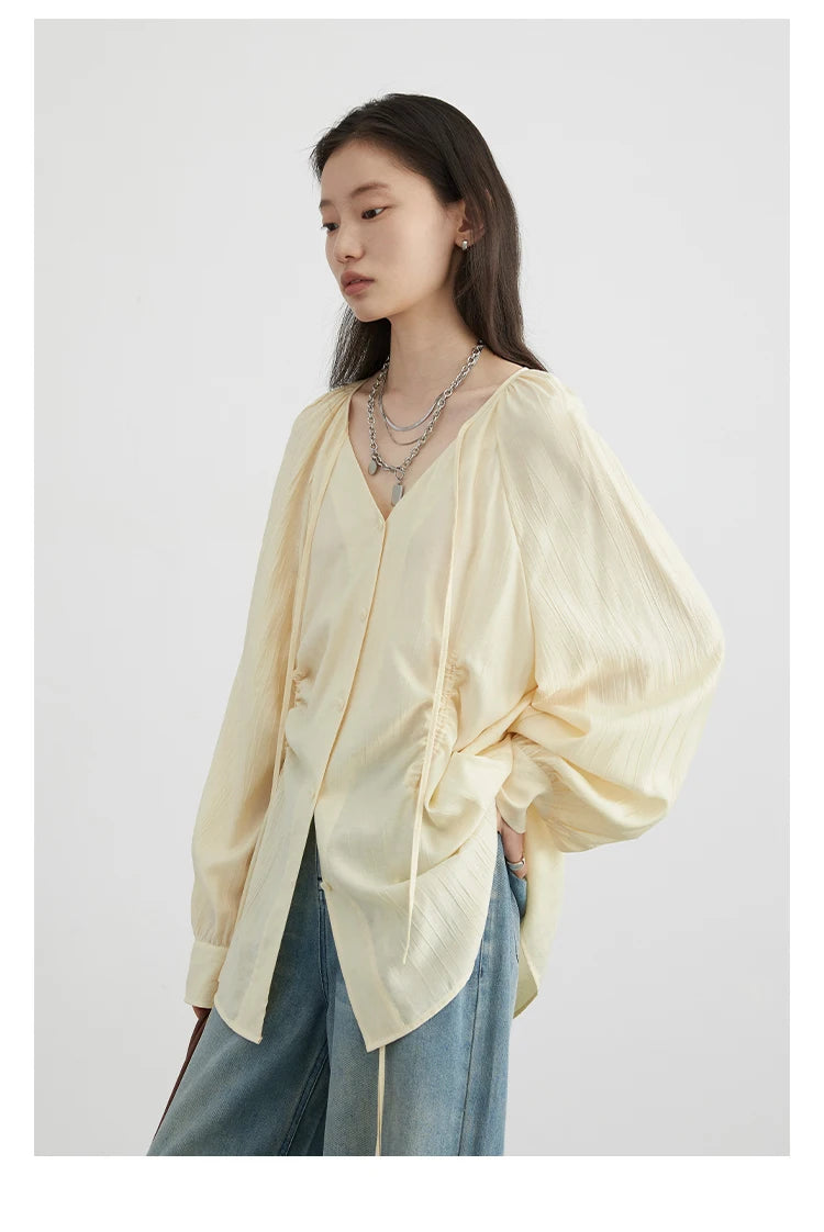 Korean V-Neck Lace-Up Blouse – Spring/Summer 2025 Collection