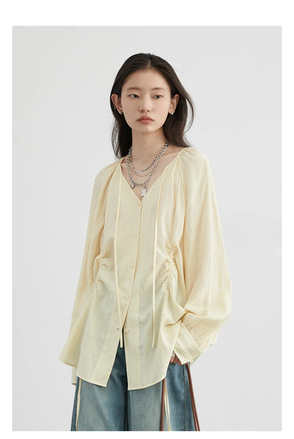 Korean V-Neck Lace-Up Blouse – Spring/Summer 2025 Collection