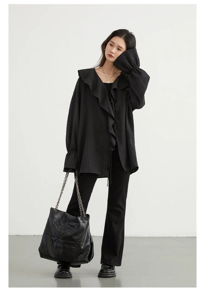 Ruffled V-Neck Lace Up Blouse – Spring/Summer 2025