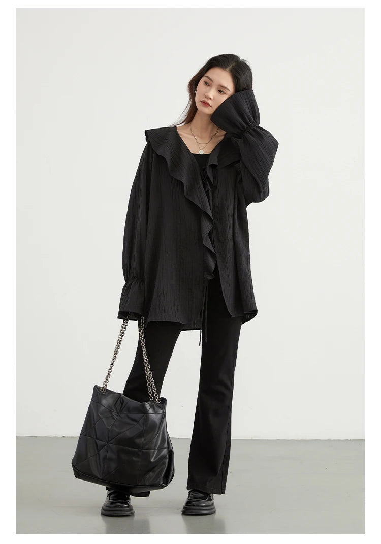 Ruffled V-Neck Lace-Up Blouse – Spring 2025 Collection